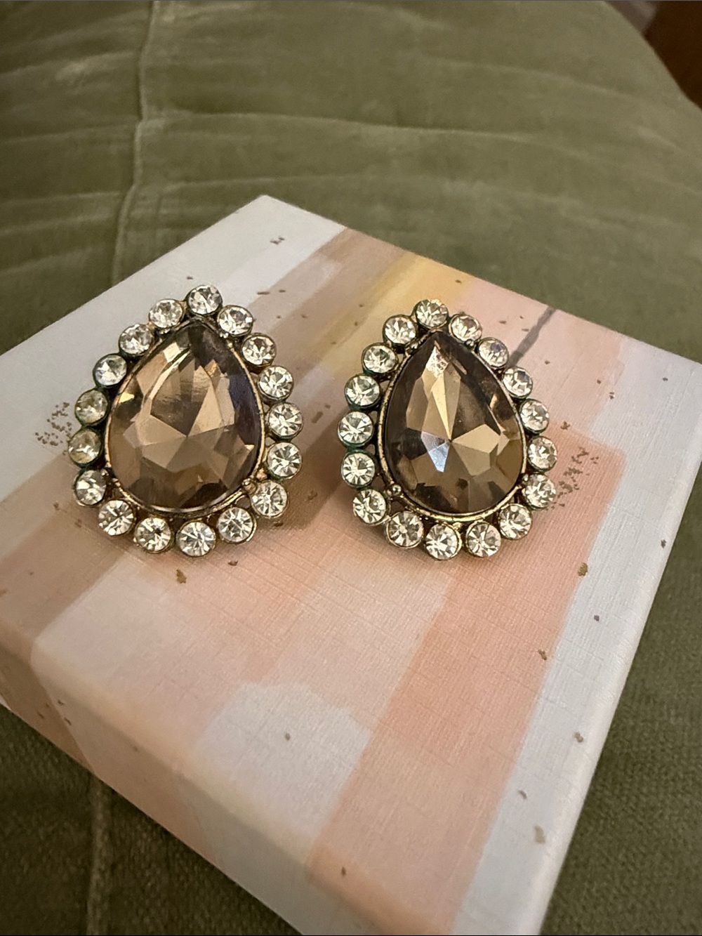 Taupe Teardrop Crystal Stud Earrings with Clear Halo